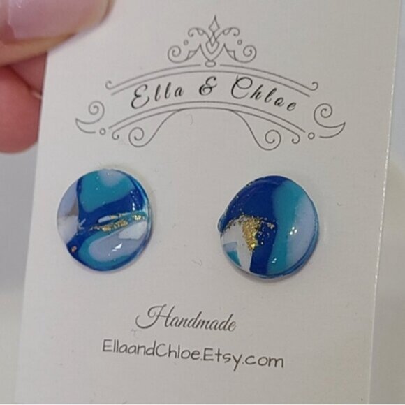 Handcrafted Blue White Gold Resin Gemstone Agate Marble Round Stud Earrings - Picture 4 of 5